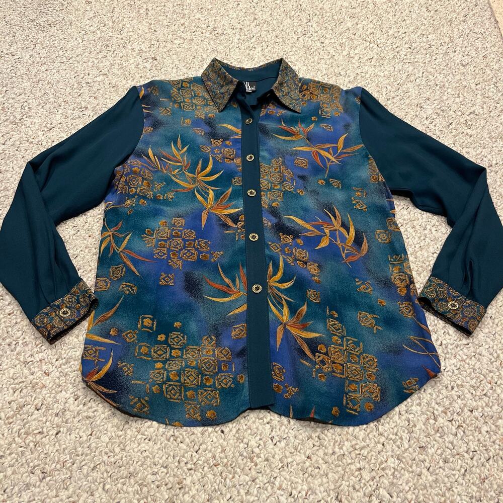 Ali Miles Vintage Floral Button Down Blouse M Artsy Feminine Art to Wear Casual